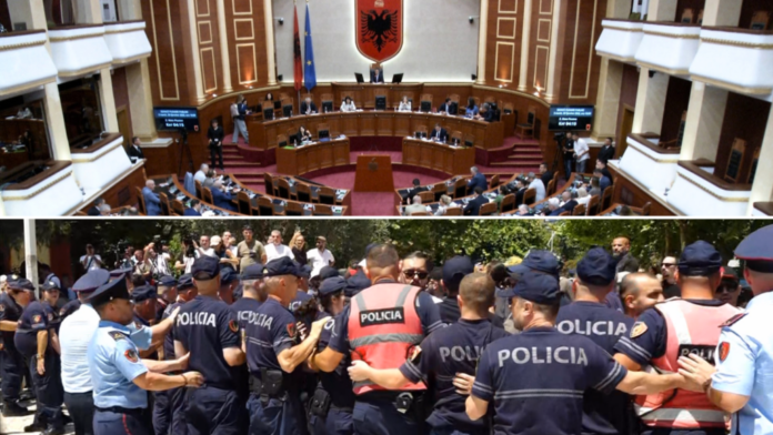 Kuvendi nën tension/ Përplasje brenda sallës, vezë ndaj policisë dhe shoqërime jashtë Parlamentit
